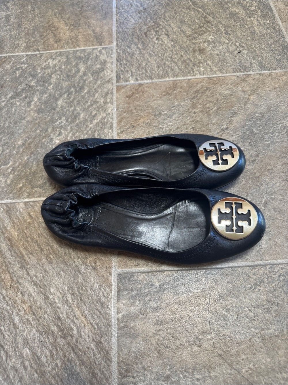 Tory Burch Black Leather Logo Ballet Flats with Gold Emblem